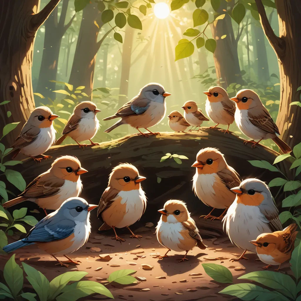 a group of birds sitting on a tree branch in a forest with sunlight shining through the trees and leaves, fantasy art, a storybook illustration, Dan Mumford, birds