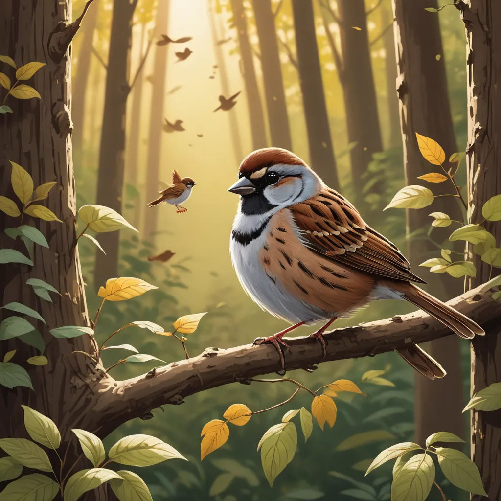 a bird sitting on a branch in a forest with leaves flying around it and a sunbeam in the background, plein air, a storybook illustration, David Martin, birds