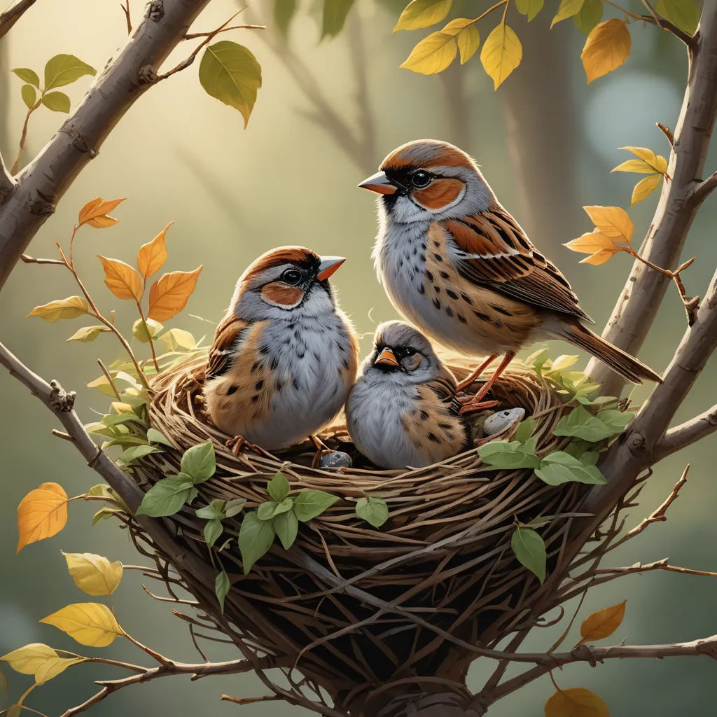 a painting of three birds sitting in a nest on a tree branch with leaves around them and a baby bird in the nest, fantasy art, a detailed painting, Chris LaBrooy, highly detailed digital painting
