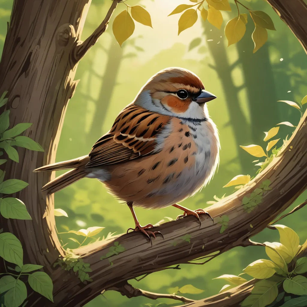 a bird perched on a tree branch in a forest with leaves and sunlight shining through the branches of the tree, altermodern, a digital painting, Chris LaBrooy, birds