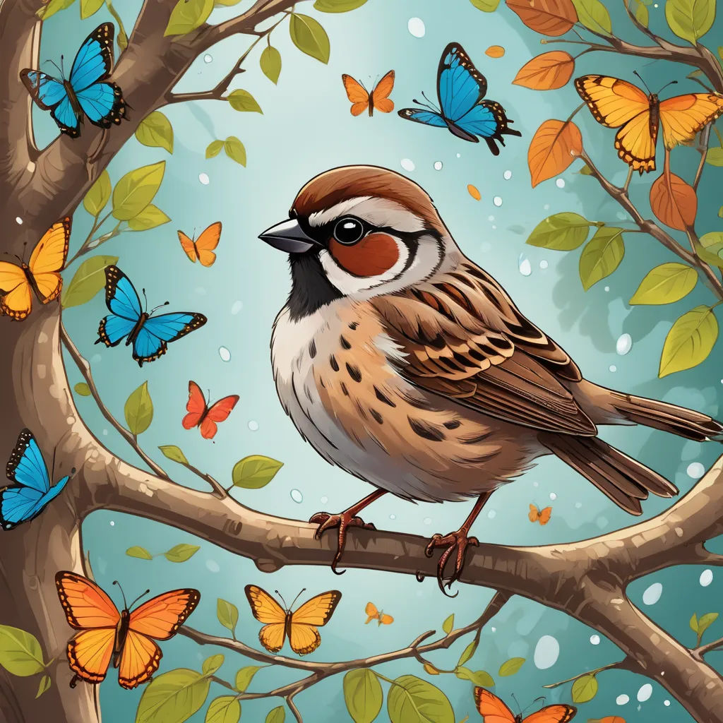a bird sitting on a branch with butterflies around it and a blue sky in the background with a few butterflies, magic realism, a storybook illustration, Daphne McClure, birds