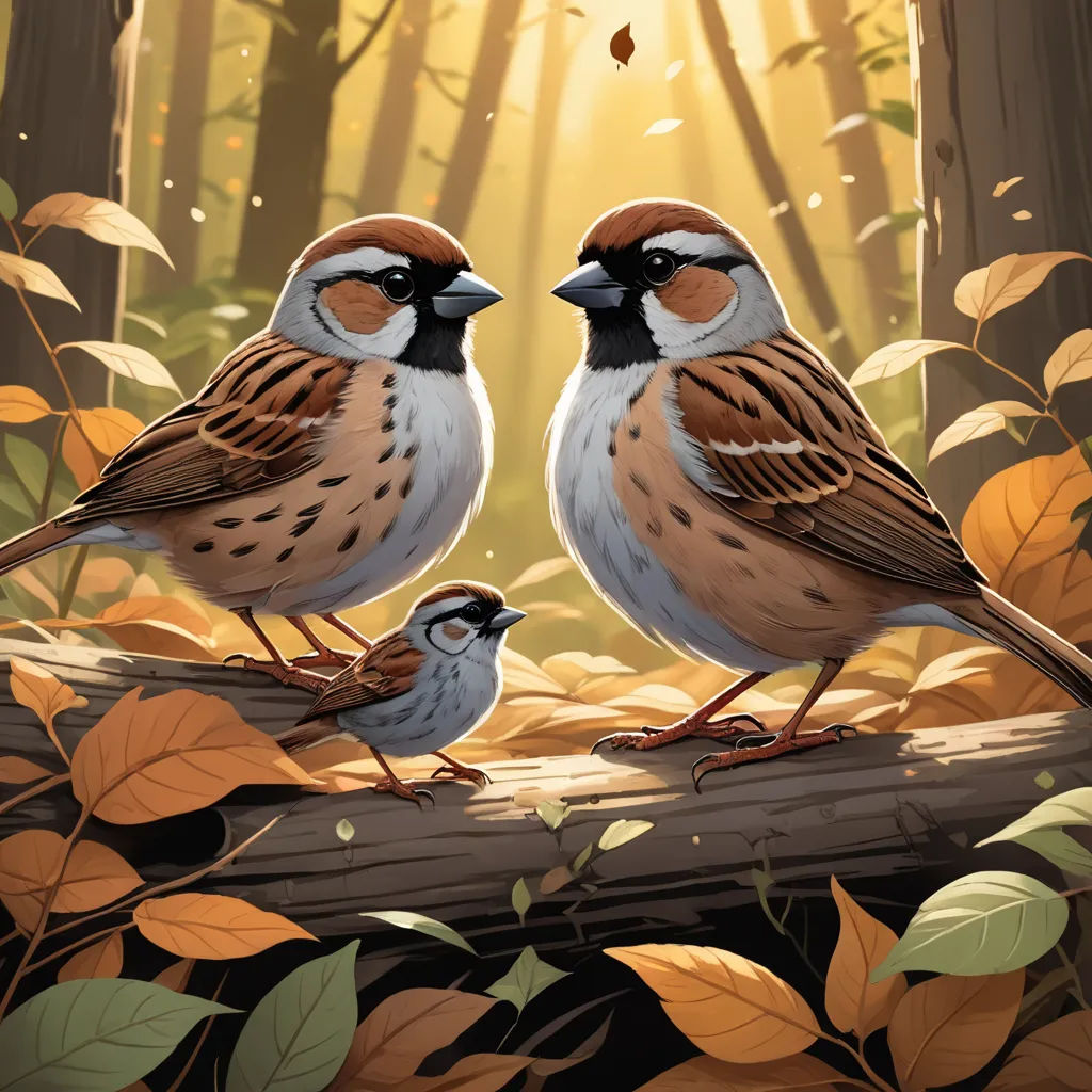 two birds sitting on a log in a forest with leaves and a sunbeam in the background, with a background of leaves and a tree trunk with a few leaves, american scene painting, a storybook illustration, Dan Mumford, birds