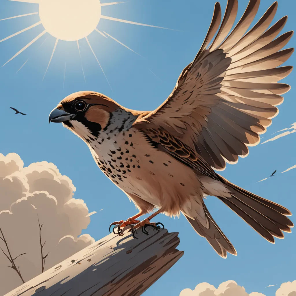 a bird with its wings spread is perched on a post with a sky background and clouds in the background, symbolism, a digital painting, Arie Smit, sun