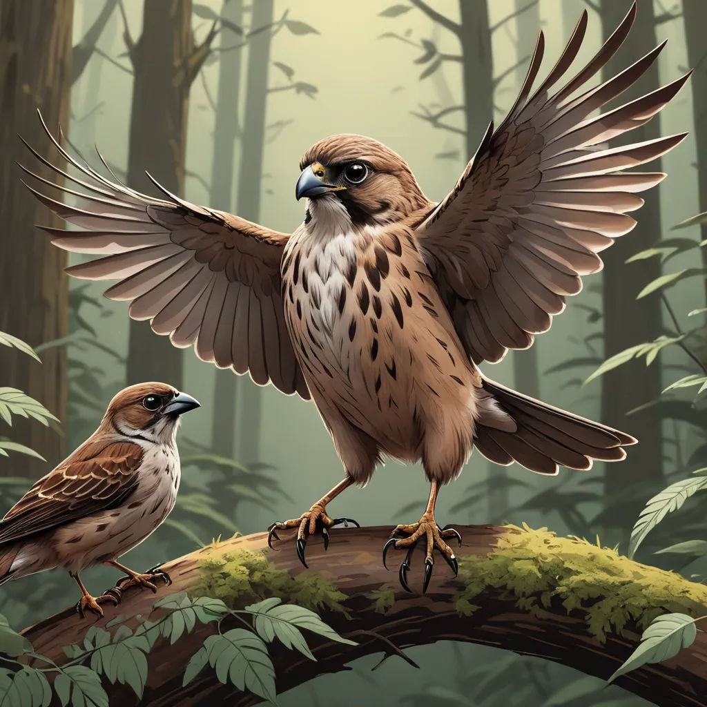 two birds sitting on a branch in a forest with trees and grass in the background, one of which is spread its wings, fantasy art, a digital painting, Chris LaBrooy, birds