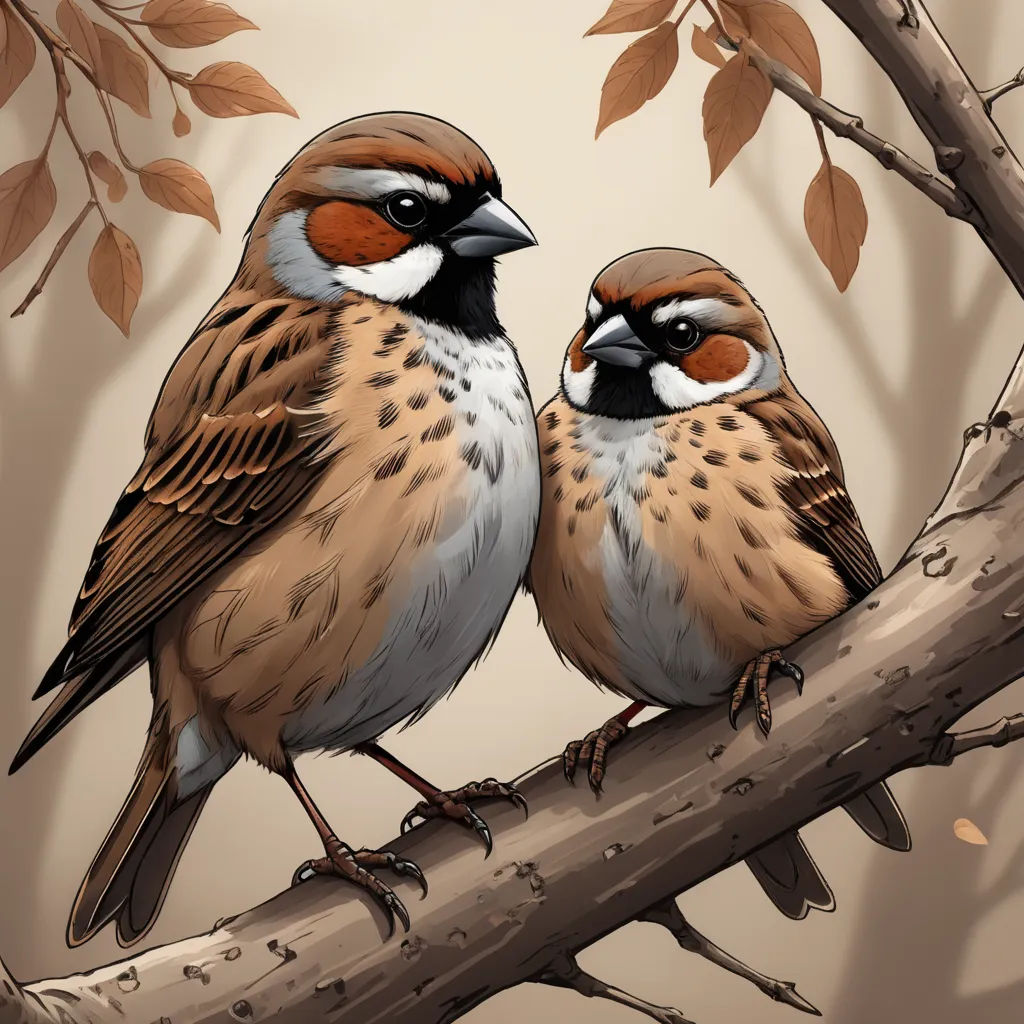 two birds sitting on a branch of a tree together, with leaves in the background and a brown background, incoherents, an illustration of, Bob Thompson, birds