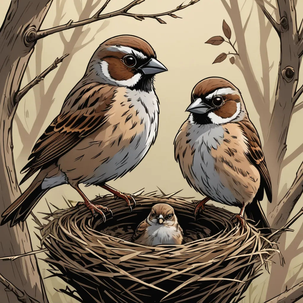 two birds sitting on top of a nest in a tree branch filled with twigs and twigs, with a baby bird in the nest, incoherents, a storybook illustration, Dan Mumford, birds