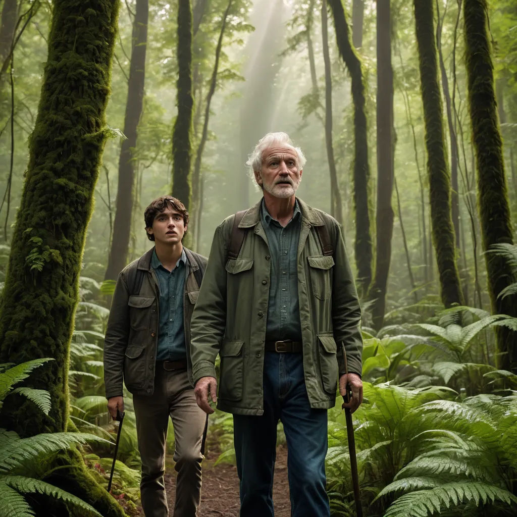 two men walking through a forest with ferns on the ground and a trail in the foreground, with a sunbeam in the background, naturalism, a poster, David Brewster, promotional image