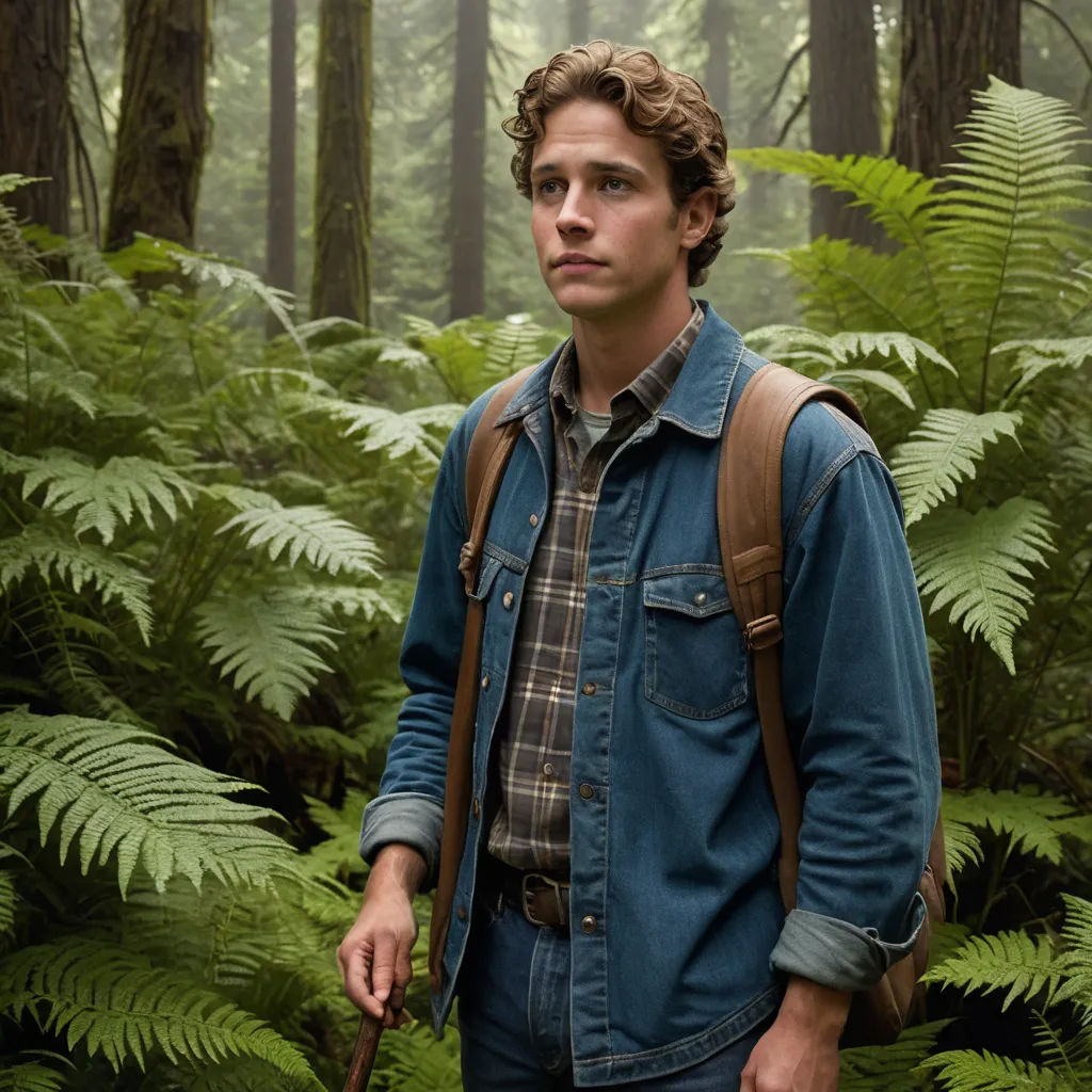 a man in a forest with a backpack and a cane in his hand and a backpack on his shoulder, naturalism, a character portrait, Clark Voorhees, promotional image