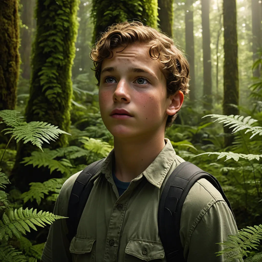 a boy in a forest with a backpack on his back and a fern in the background with a sunbeam, naturalism, a character portrait, Evan Charlton, anamorphic lens flare