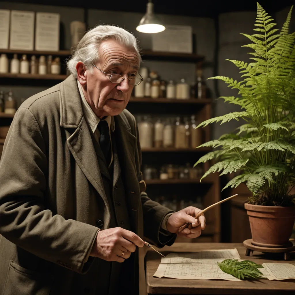 a man in a coat is holding a stick and looking at a piece of paper on a table with a fern in it, arts and crafts movement, a still life, Arnold Brügger, promotional image