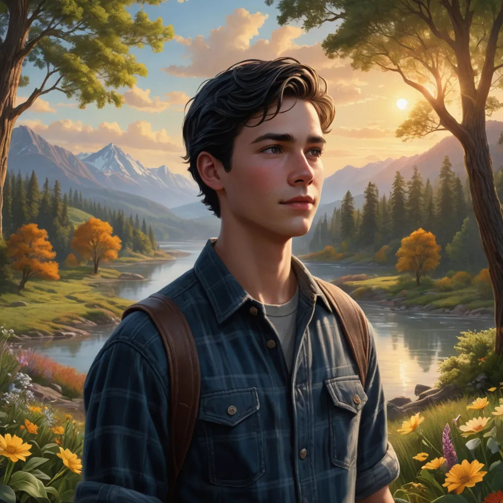 a painting of a boy standing in a forest with a river and mountains in the background and a sunset, sots art, a character portrait, Aaron Jasinski, kinkade