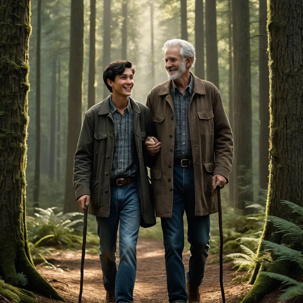 two men walking through a forest with canes on their feet and walking in the woods together, one of them is wearing a brown coat and the other is wearing a blue, private press, a poster, David Brewster, promotional image