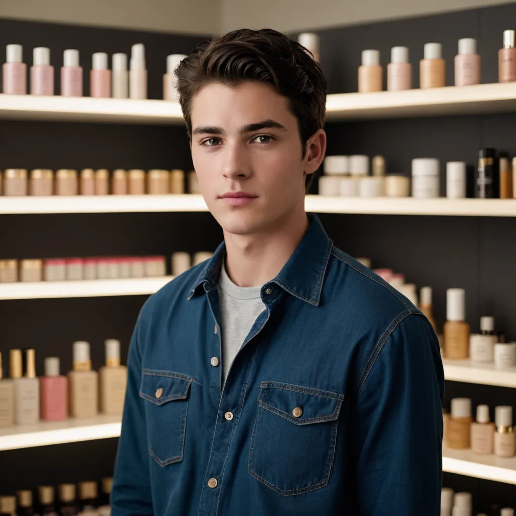 a man standing in front of a shelf of bottles of hair products in a store or salon area with a blue denim shirt, plasticien, a portrait, Cedric Seaut (Keos Masons), handsome