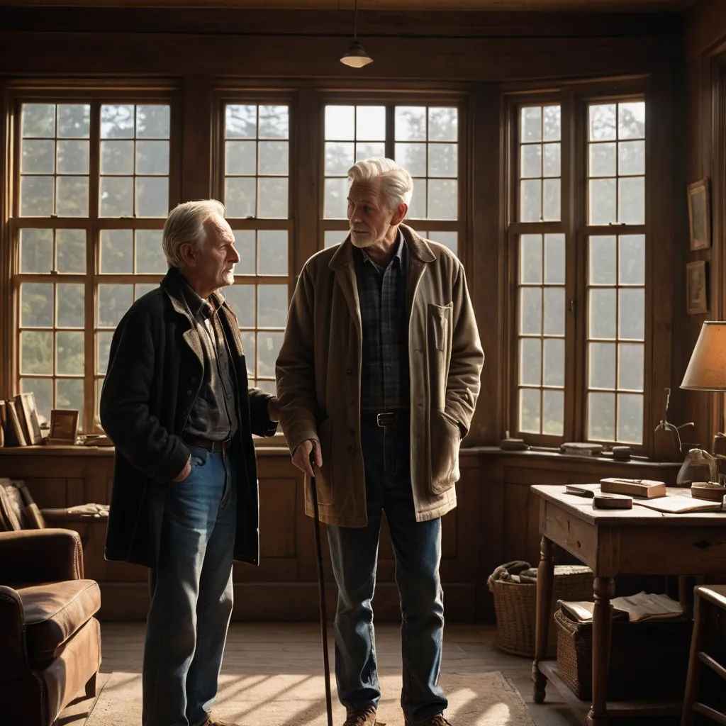 two older men standing in a living room with a cane in their hand and looking out the window at the view, arts and crafts movement, a poster, David Brewster, promotional image