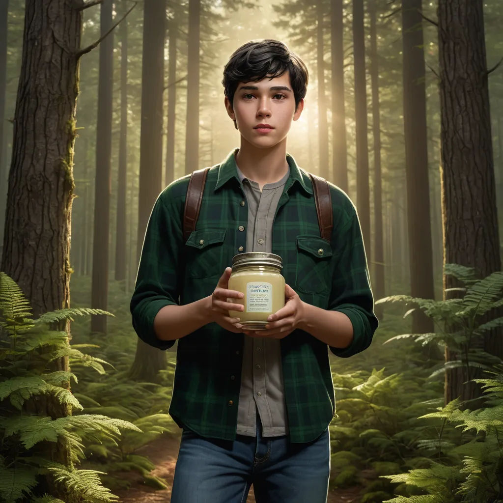 a man holding a jar of honey in a forest with trees and ferns in the background, with a sunbeam, magical realism, a character portrait, David Park, promotional image