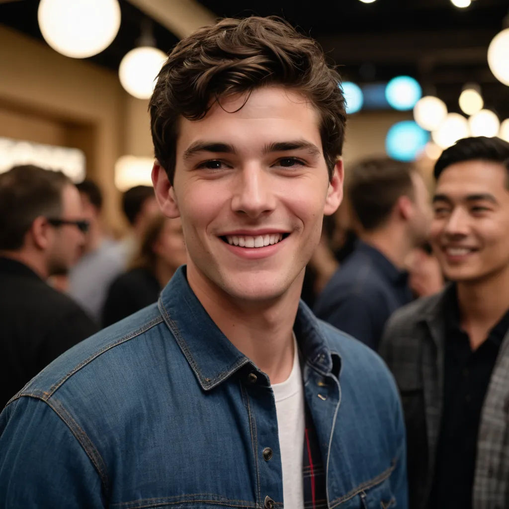 a man smiling at the camera in a crowded room with other people in the background and a man in a denim jacket, private press, a poster, Everett Warner, kai carpenter