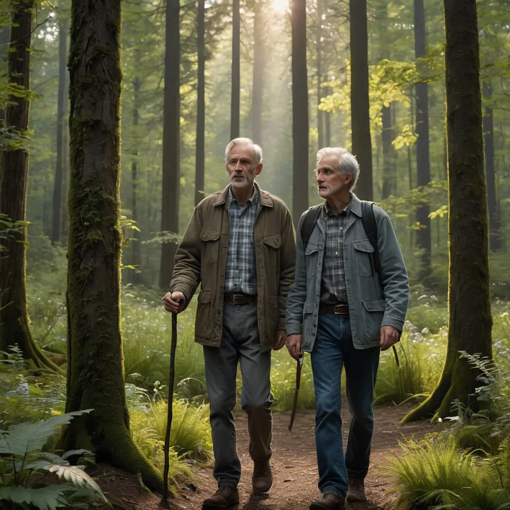 two men walking through a forest with canes in their hands and walking through the woods with tall trees, arts and crafts movement, a stock photo, Dennis Ashbaugh, promotional image