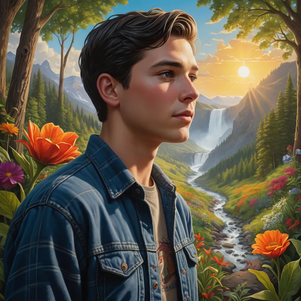 a painting of a man standing in a forest with flowers in front of him and a waterfall in the background, sots art, a hyperrealistic painting, Chris LaBrooy, kinkade