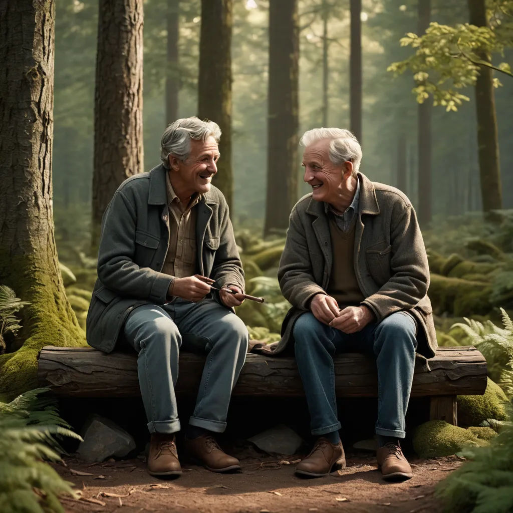 two men sitting on a bench in a forest with trees and ferns on the ground and one man is smiling, land art, a stock photo, Brothers Hildebrandt, cinematic photography