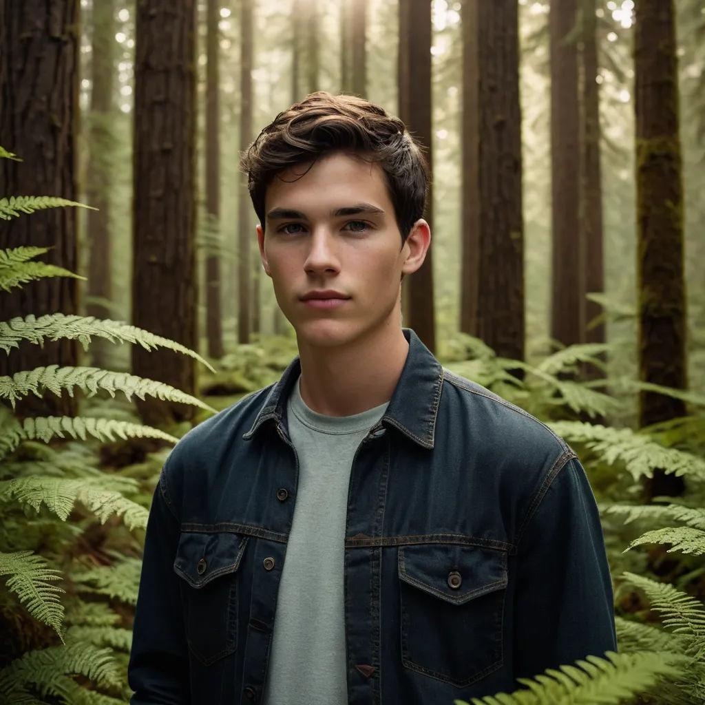 a young man standing in a forest with ferns on the ground and sunlight shining through the trees behind him, naturalism, a character portrait, Evan Charlton, kai carpenter