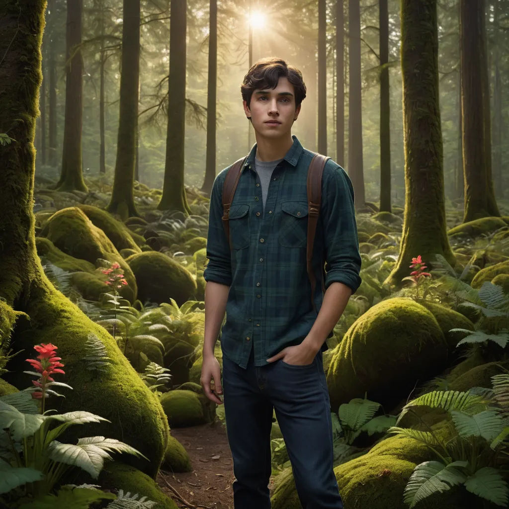a man standing in a forest with a backpack on his back and a sun shining through the trees behind him, magical realism, a poster, Everett Warner, promotional image