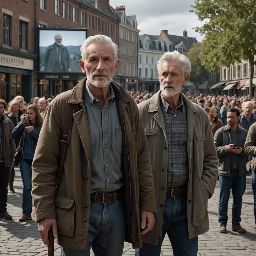 two men standing on a street with a crowd of people behind them in the background, one of them is holding a cane, les automatistes, a poster, Andries Both, promotional image