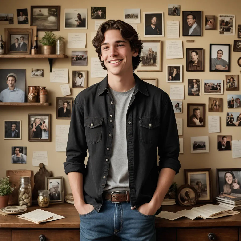 a man standing in front of a desk with many pictures on the wall behind him and a bookcase with books, american barbizon school, a character portrait, Ben Zoeller, portrait photography
