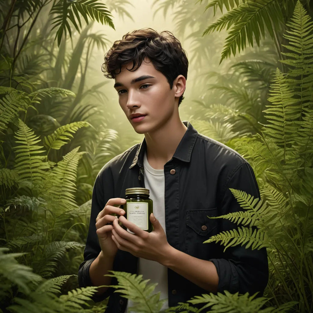 a man holding a jar of food in a forest of ferns and ferns, with a green background of leaves, naturalism, a stock photo, Anson Maddocks, kai carpenter