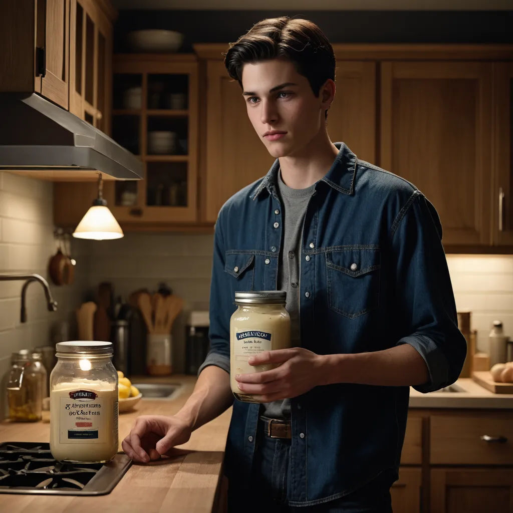 a man holding a jar of food in a kitchen next to a stove top oven and a sink with a light on, hypermodernism, a stock photo, Ben Thompson, promotional image