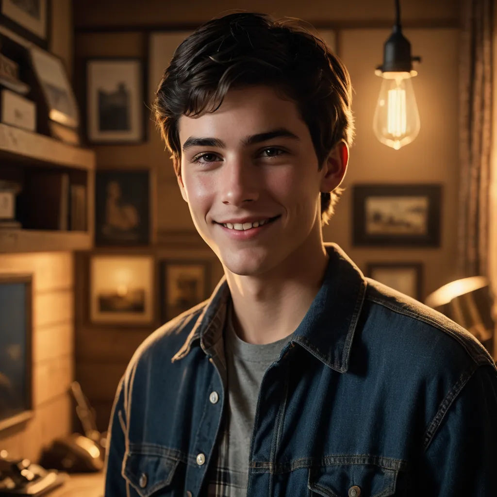 a young man is smiling in a room with a lamp and pictures on the wall behind him and a desk with a computer on it, photorealism, a character portrait, Everett Warner, promotional image