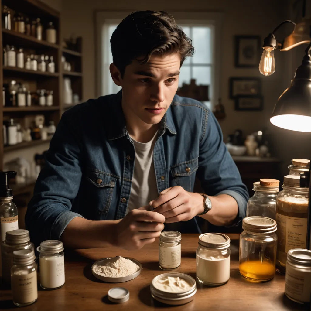 a man sitting at a table with jars and jars around him and a lamp on the wall above him, naturalism, a stock photo, Andrew Domachowski, promotional image