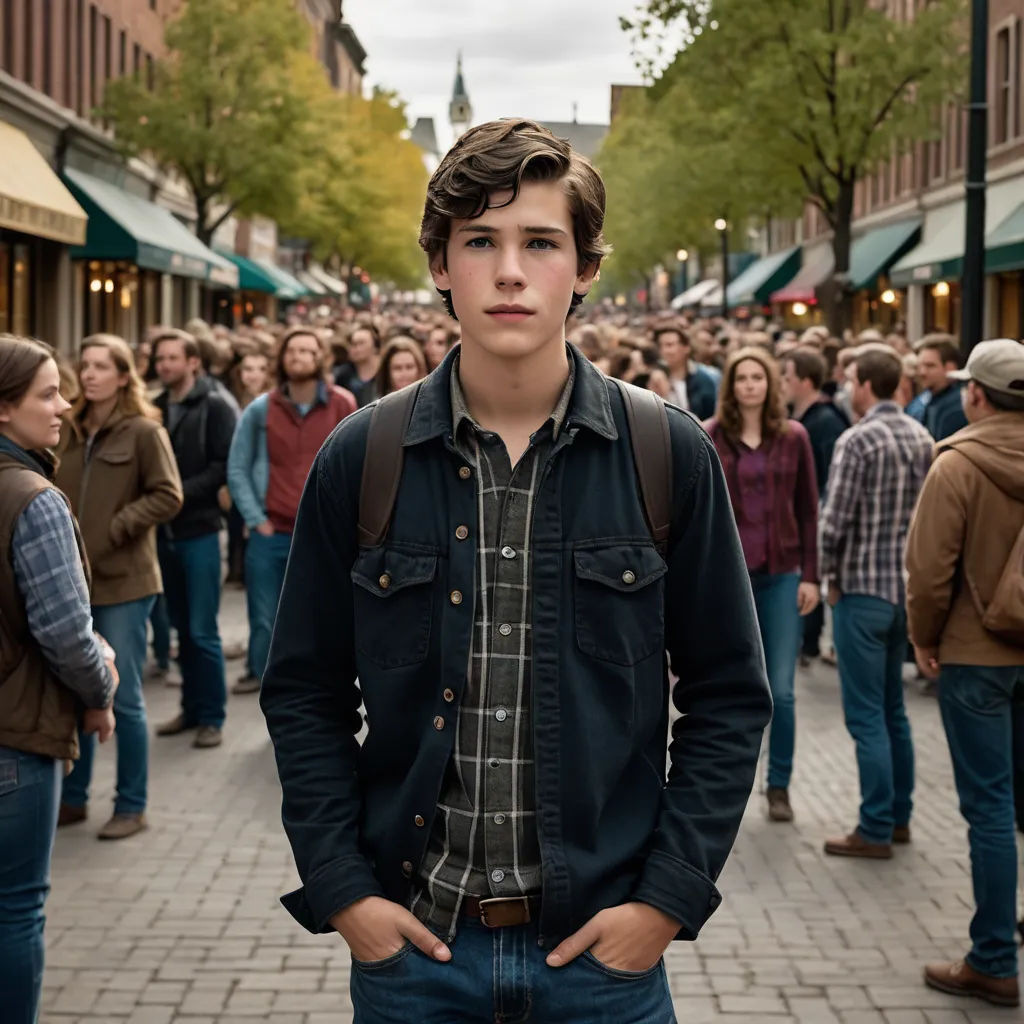 a man standing in front of a crowd of people on a street with a backpack on his back and a crowd of people walking down the street, symbolism, a character portrait, David Budd, promotional image