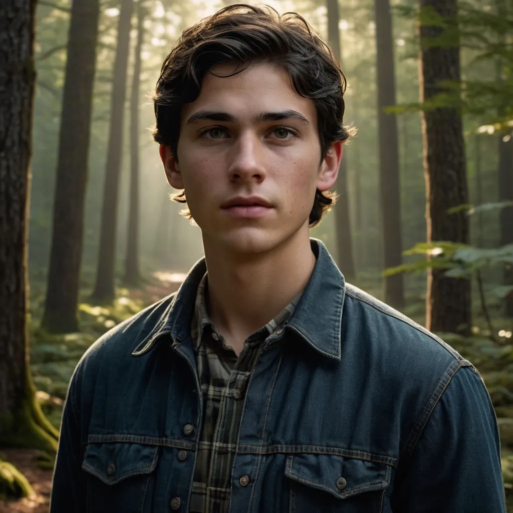 a young man standing in a forest with a sunbeam in the background and a forest floor with tall trees, naturalism, a character portrait, Everett Warner, anamorphic lens flare