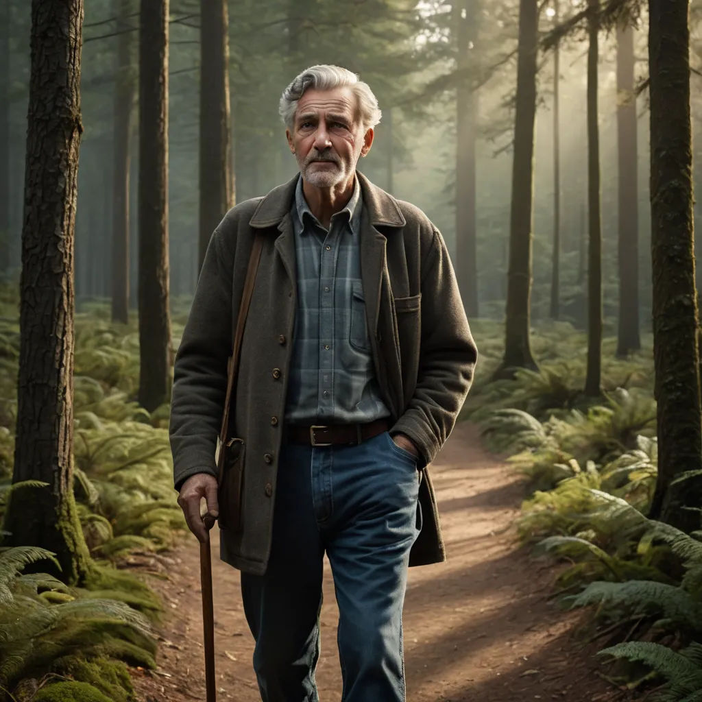 a man walking down a path in the woods with a cane in his hand and a cane in his other hand, arts and crafts movement, a character portrait, David Brewster, promotional image
