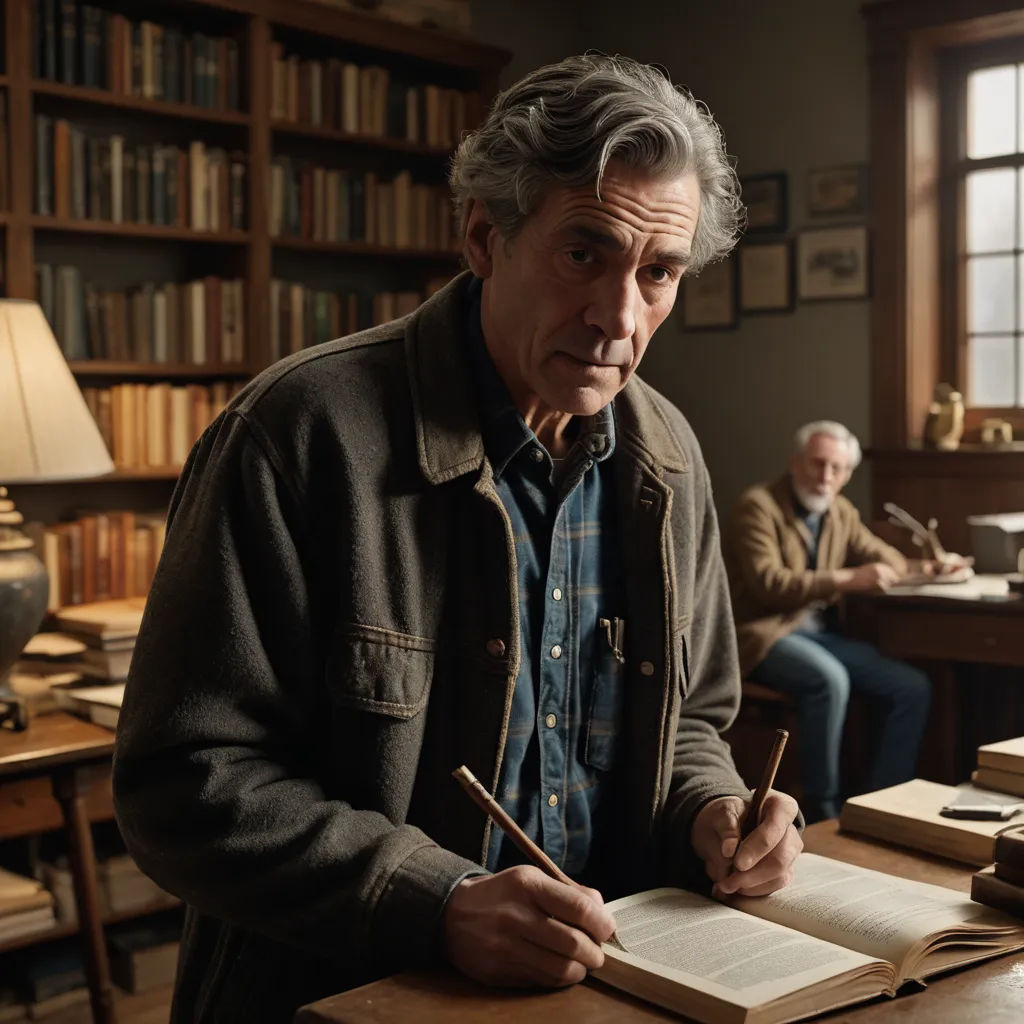 a man sitting at a desk with a book and pen in his hand and a book in front of him, arts and crafts movement, a poster, David Brewster, promotional image