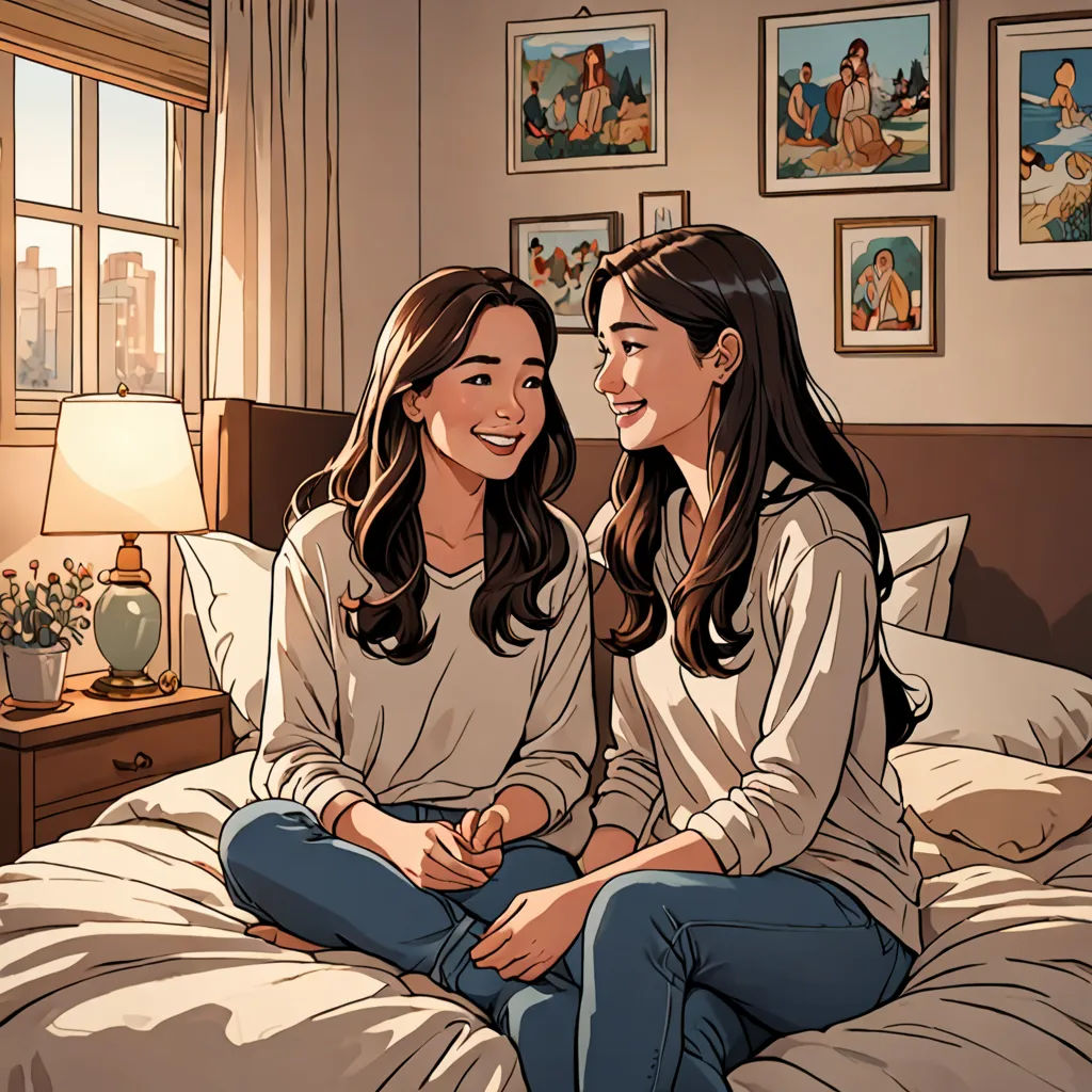 two women sitting on a bed talking to each other in a bedroom with pictures on the wall behind them, figurativism, a comic book panel, Artgerm, comic book