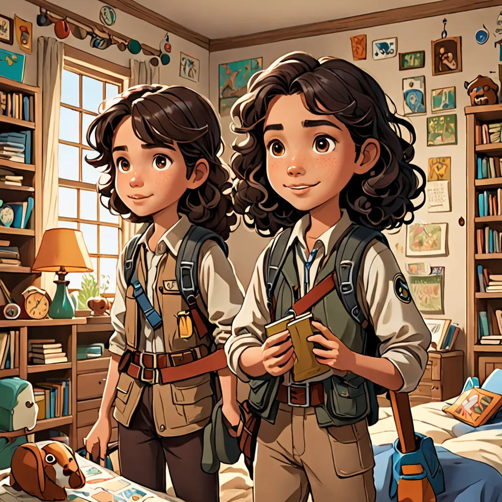 two children standing in a bedroom with a book case and a book bag on the bed and a book case on the wall, lyco art, concept art, Diego Gisbert Llorens, official art