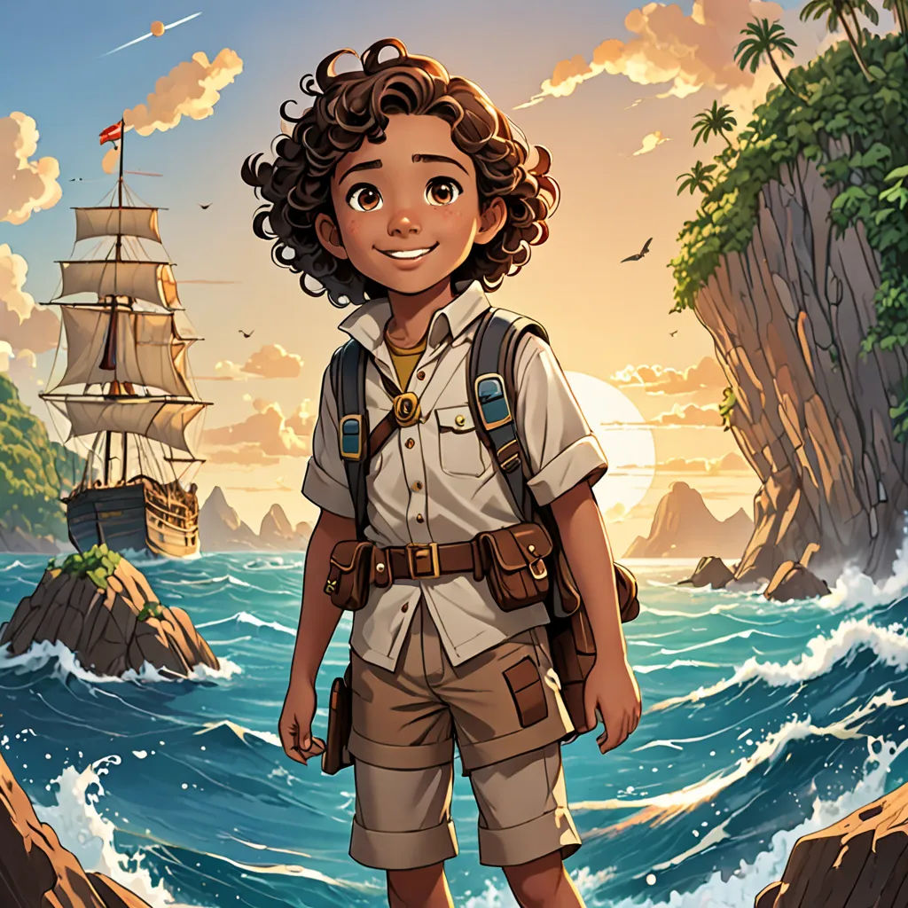 a boy in a shirt and shorts standing on a rock near the ocean with a pirate ship in the background, fantasy art, a character portrait, Cliff Childs, key art