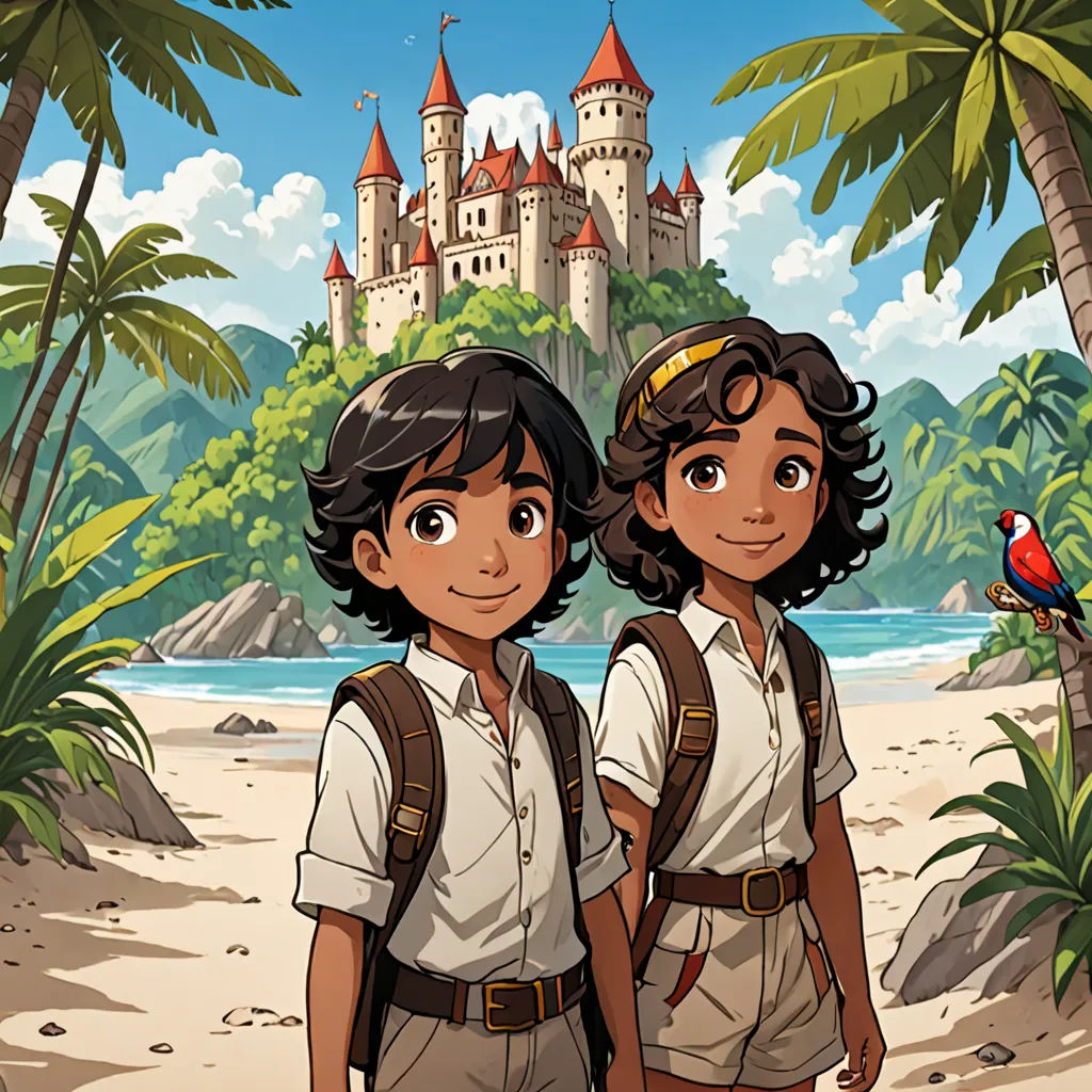 two people standing on a beach near a castle and a bird on a tree branch in front of them, paris school, a storybook illustration, Cliff Childs, key art
