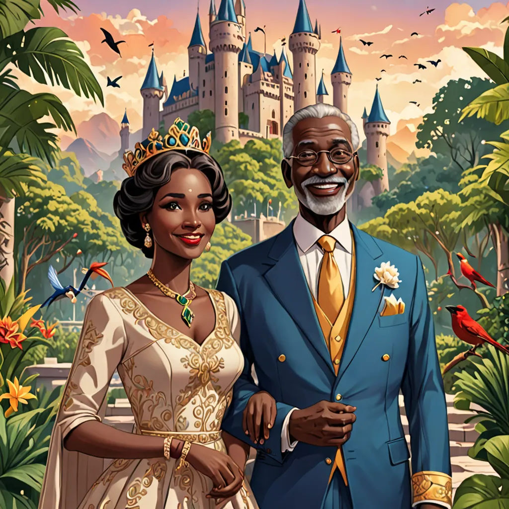 a man and woman in a wedding dress standing in front of a castle with birds flying around them and a bird in the air, harlem renaissance, a storybook illustration, Charles Bird King, official art
