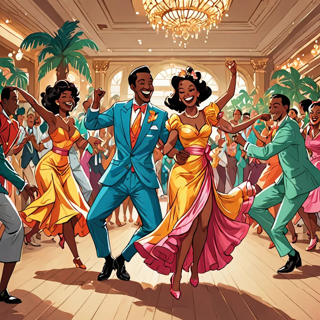 a group of people dancing in a ballroom with a chandelier hanging from the ceiling and a chandelier hanging from the ceiling, harlem renaissance, a storybook illustration, Ernie Barnes, official art