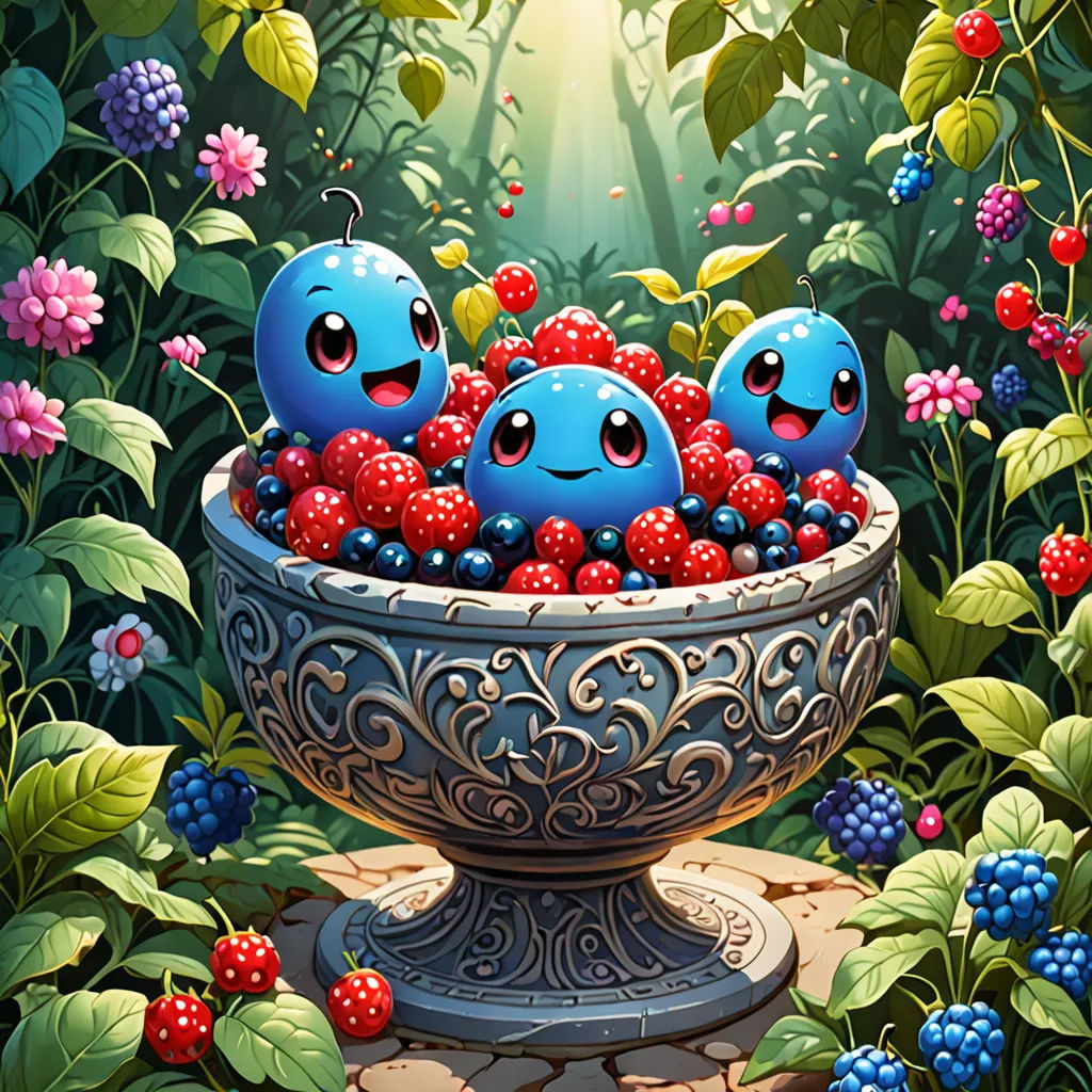 a painting of a bowl of berries with two blue birds in it and berries in the bowl with the eyes, fantasy art, a fine art painting, Chris LaBrooy, berries