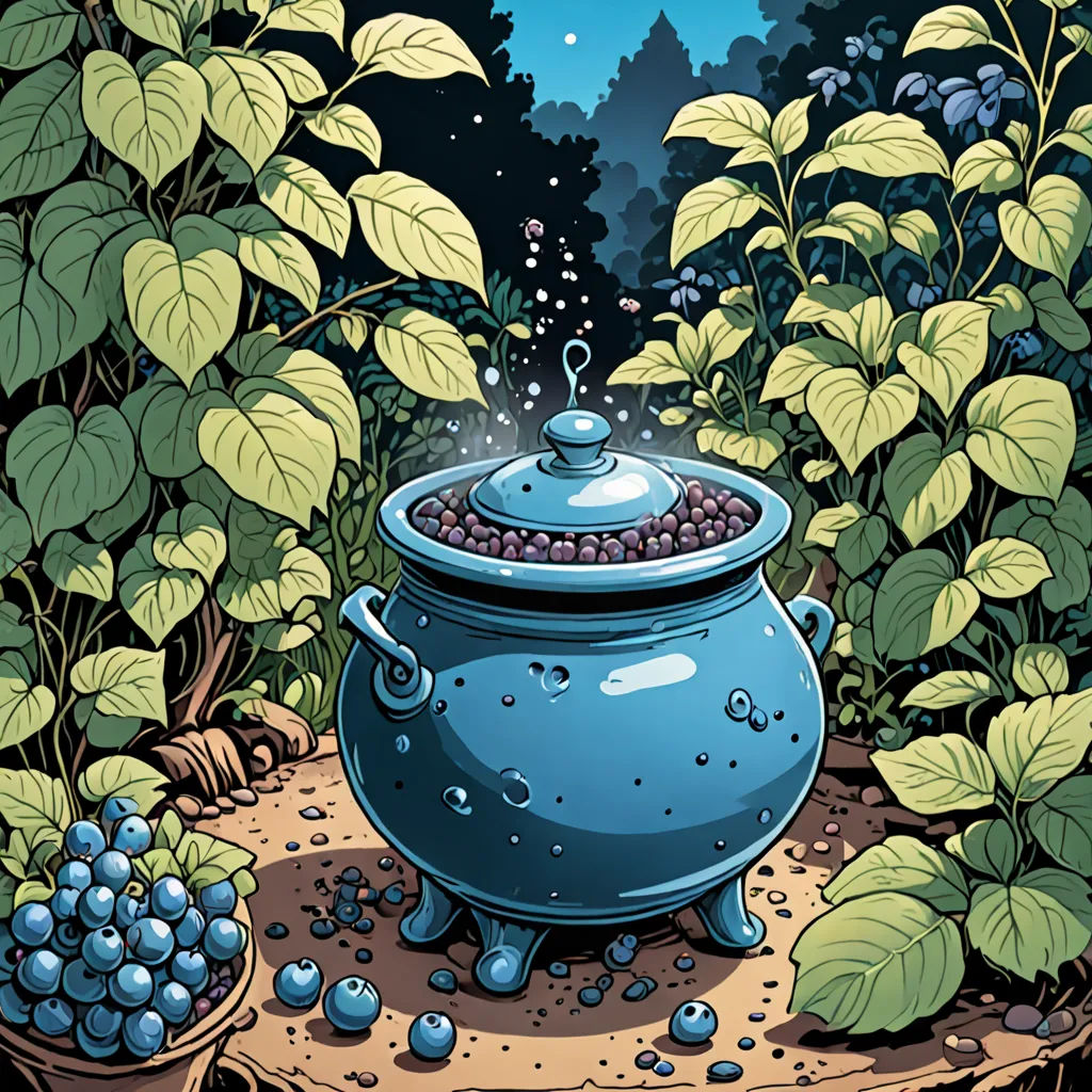 a blue pot with water on it sitting in the middle of a garden with plants and flowers around it, fantasy art, a storybook illustration, Dan Mumford, storybook illustration