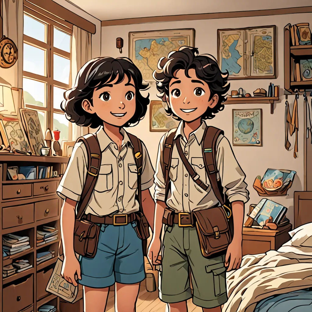 two children standing in a bedroom with a map on the wall behind them and a bed in the background, serial art, a comic book panel, Diego Gisbert Llorens, rossdraws global illumination