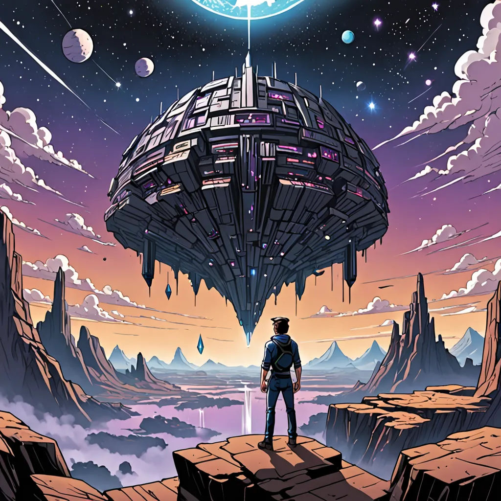 a man standing on a cliff looking at a space ship floating in the sky above a mountain range with a moon and stars, space art, poster art, Dan Mumford, josan gonzales and dan mumford