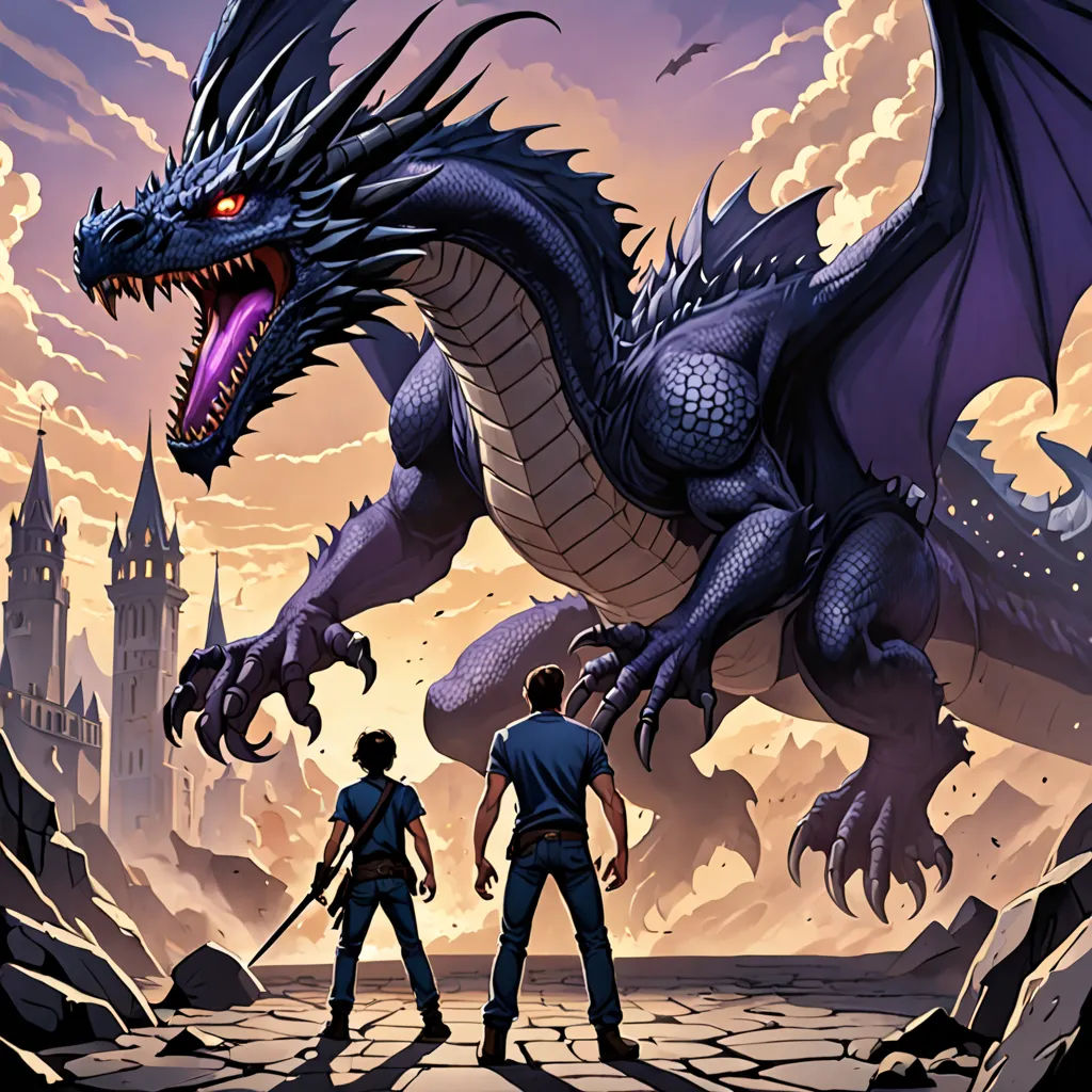 a couple of people standing next to a dragon on a field of rocks and dirt with a castle in the background, fantasy art, a storybook illustration, Dan Mumford, comic cover art