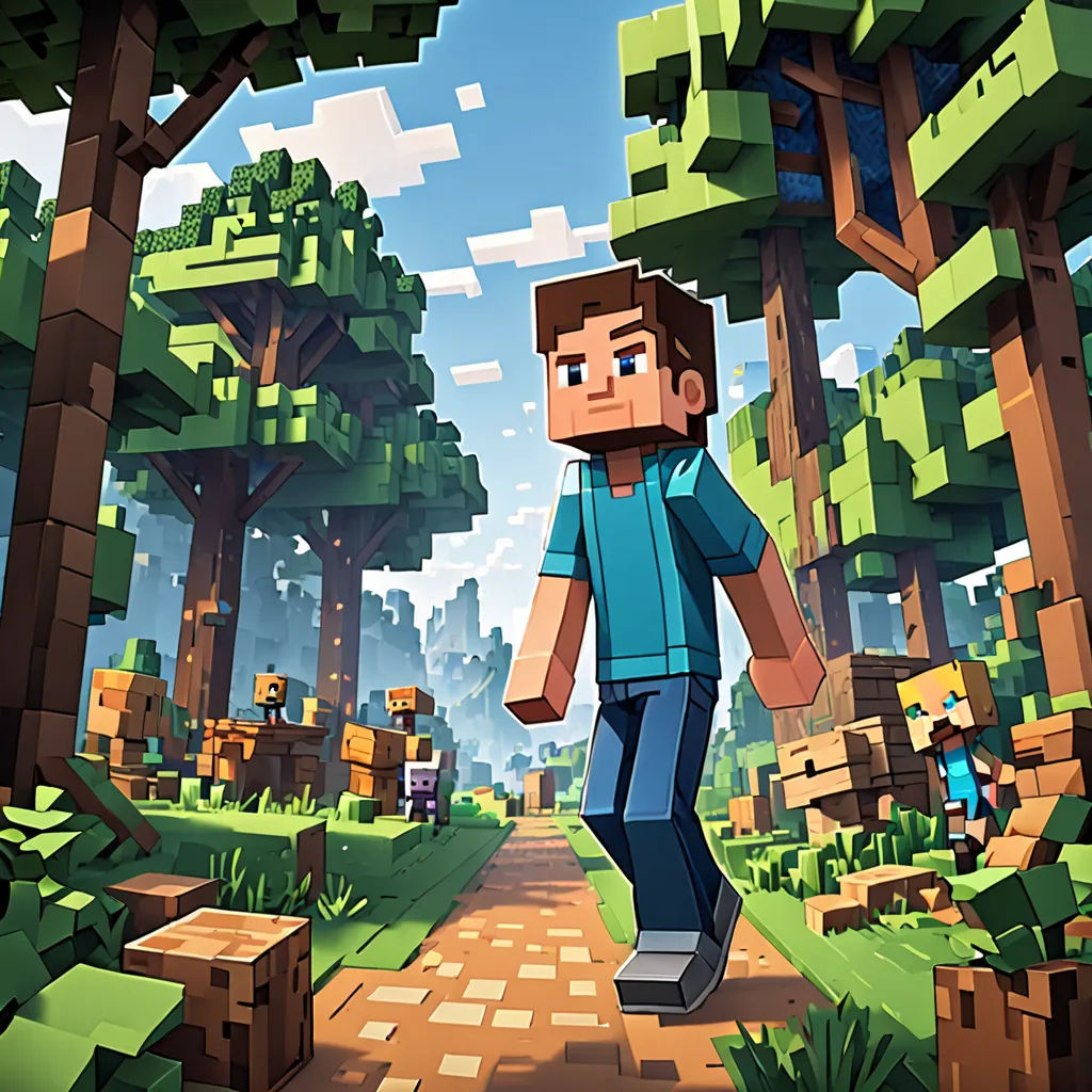 a man walking down a path in a minecraft village with trees and bushes on either side of him, sots art, computer graphics, Beeple, key art