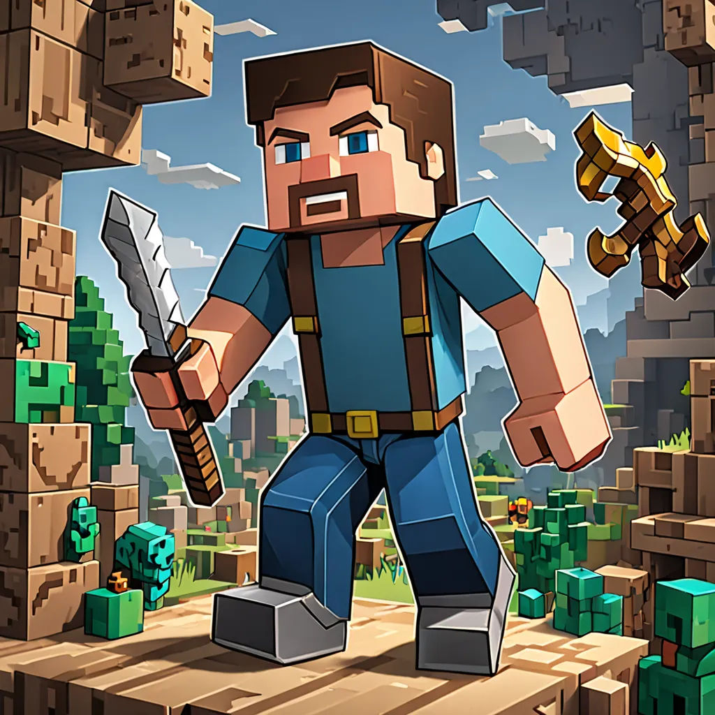 a man holding a sword and a knife in a minecraft game scene with a sky background and a mountain, pixel art, computer graphics, Cedric Seaut (Keos Masons), highly detailed digital art