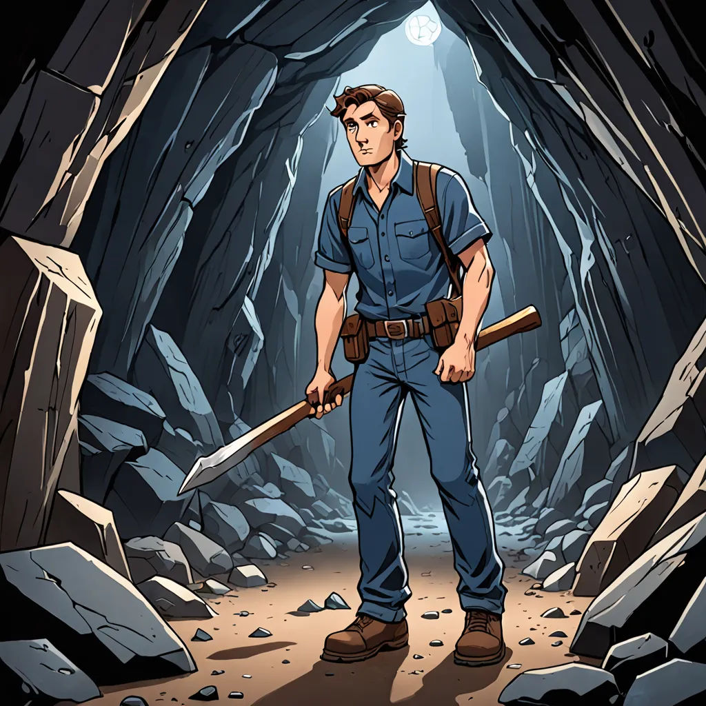 a man holding a large knife in a cave with rocks and rocks around him, while standing in front of a doorway, underground comix, a character portrait, Cliff Childs, comic cover art