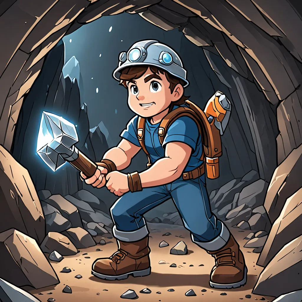 a man in a hard hat holding a hammer and a rock in a cave with a flashlight in his hand, sots art, a character portrait, David Martin, 2 d game art
